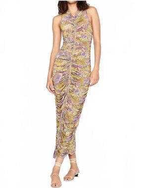 Marie Oliver Roxie New Lavender and Yellow Ruched Halter Midi Dress
